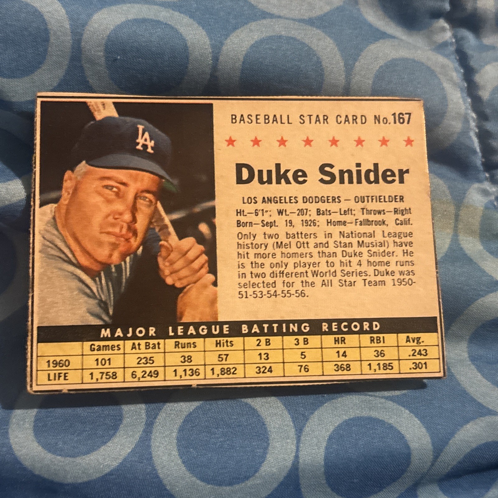 1961 Post Cereal Baseball Card #167 DUKE SNIDER