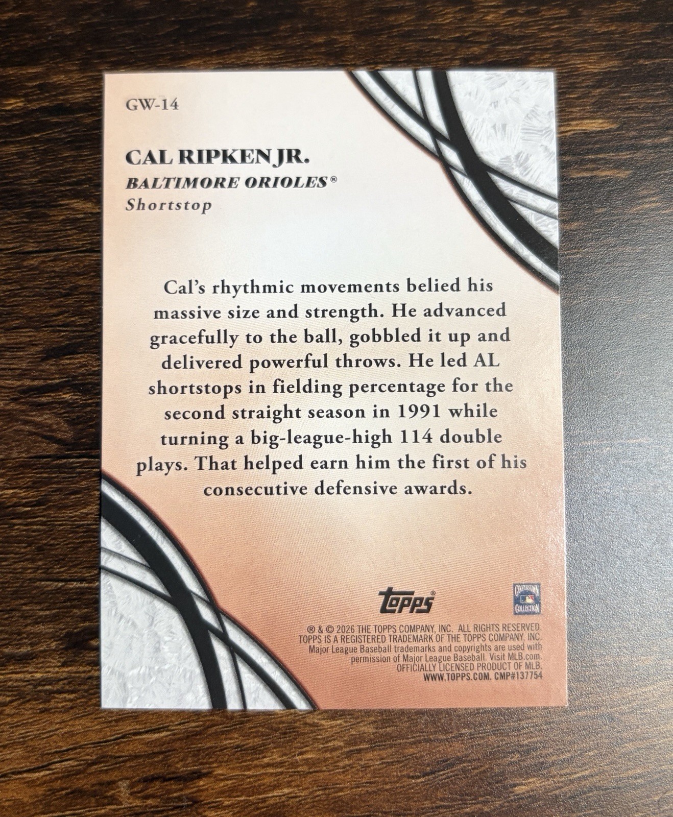2025 Topps Platinum Glove Work Insert Cal Ripken Jr. GW-14 Baltimore Orioles