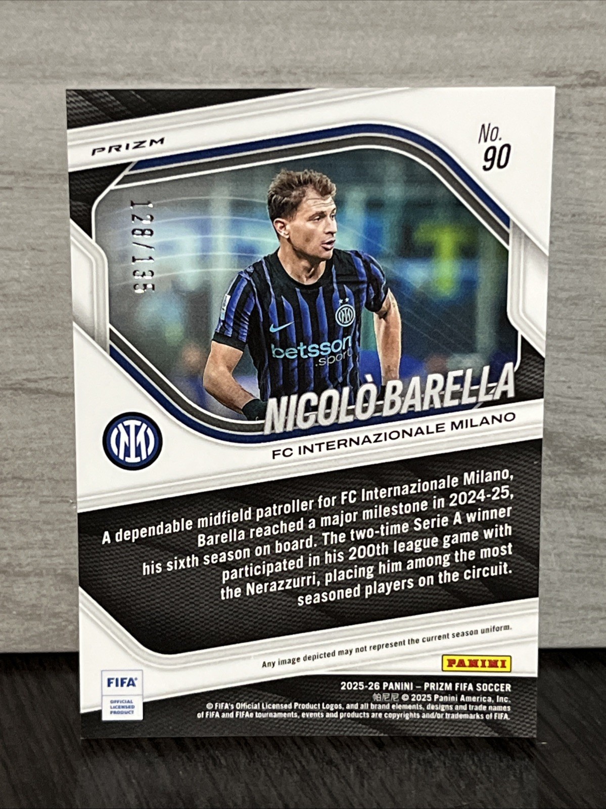 Nicolo Barella 2025-26 Panini Prizm FIFA PURPLE Prizm RC /135 Inter Milan Italy