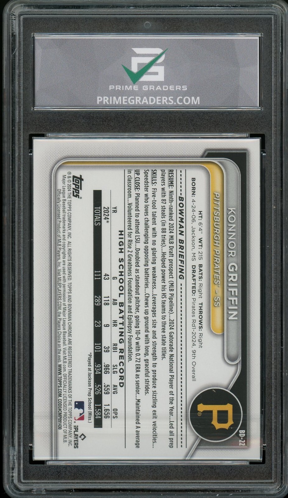 2024 Bowman Draft #BD-22 Konnor Griffin GRADED 10 GEM Mint Rookie Card RC 1st