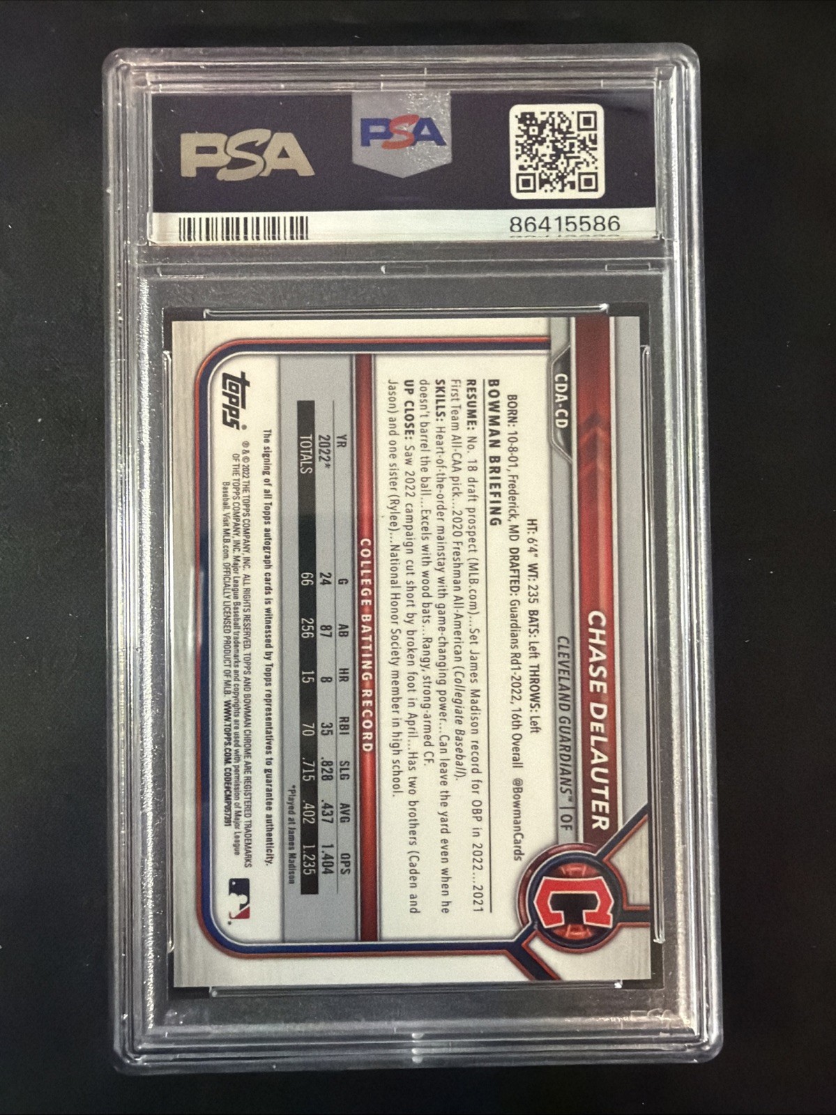 86415586 Chase DeLauter 2022 Bowman Chrome Draft #CDA-CD 1st RC Auto PSA 10
