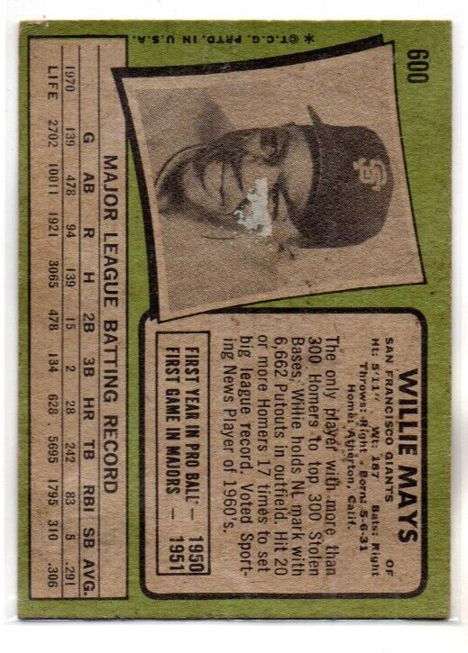1971 Topps #600 WILLIE MAYS San Francisco Giants HOF VG VINTAGE 1960S 351C