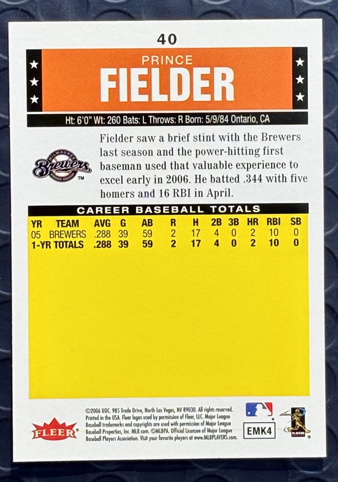 2006 Fleer Tradition – Prince Fielder (RC) #40 Milwaukee Brewers MLB