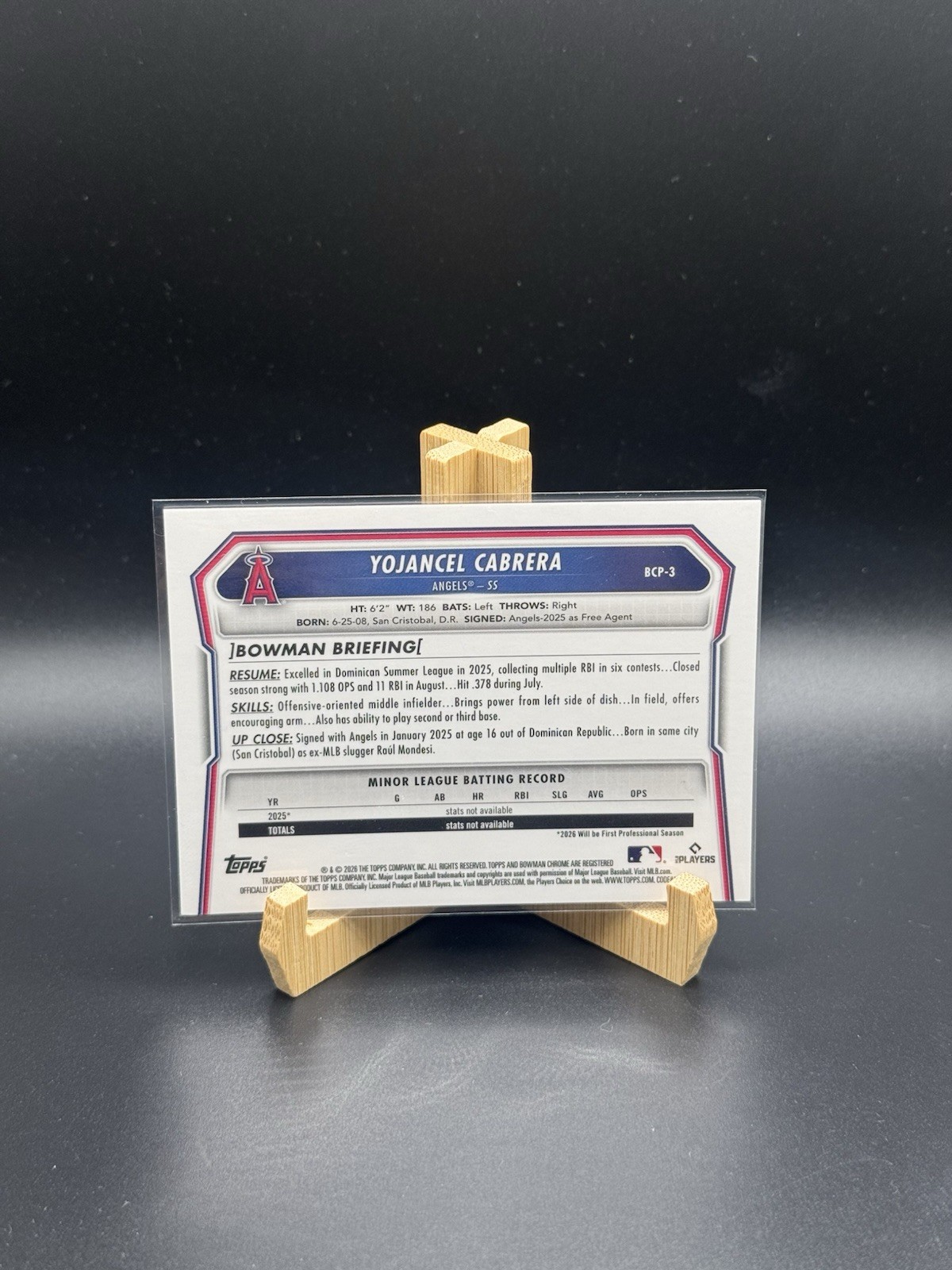 ‘26 Bowman Chrome Prospect Yojancel Cabrera BCP-3 Reptilian Refractor (RC) – LAA