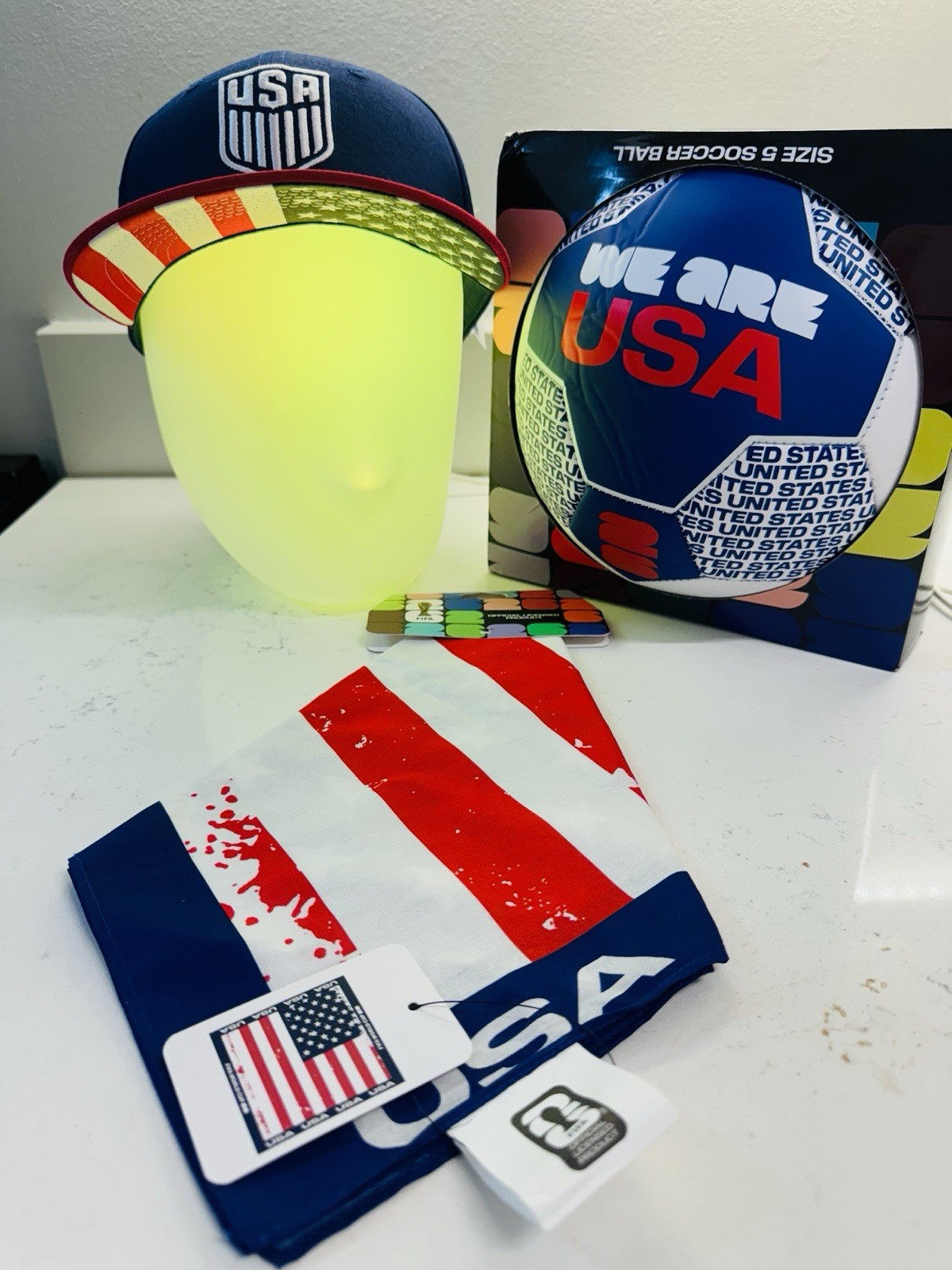 USA Fan Bundle Snapback Hat FIFA World Cup 2026 Ball Bandana Trophy Keychain