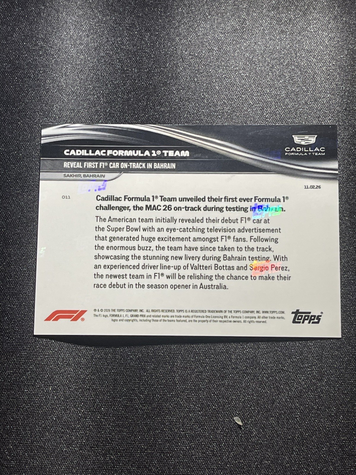 2026 TOPPS Now Formula 1 Card #011 Cadillac F1 Team MAC 26 Debut Bahrain