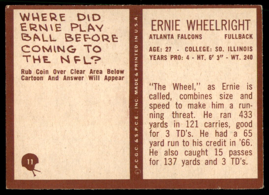 1967 Philadelphia #11 ERNIE WHEELRIGHT Atlanta Falcons VGEX (Light Wrinkle LR