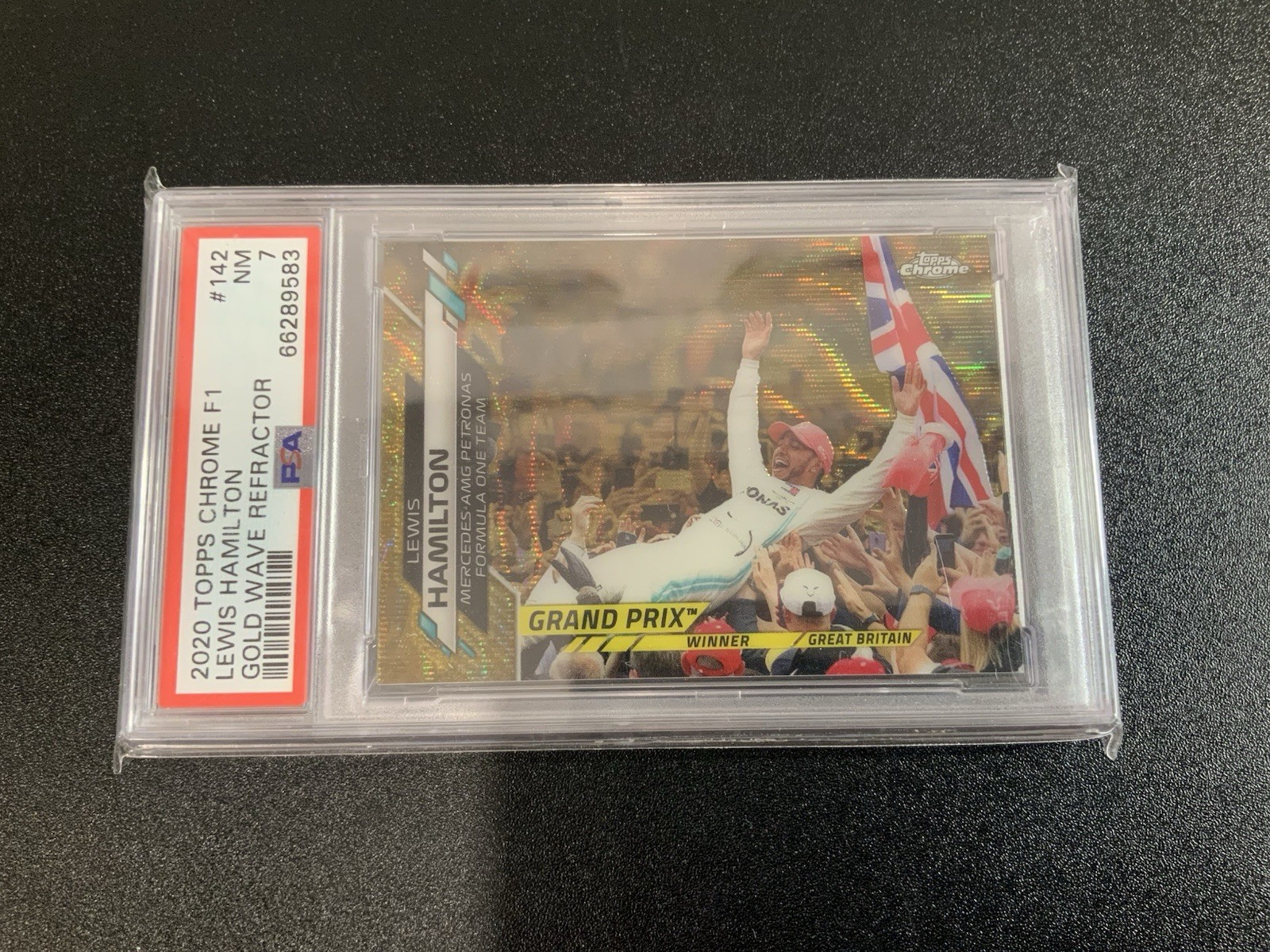 Lewis Hamilton 2020 Topps Chrome F1 #142 Gold Wave Refractor /50 PSA 7 UK Flag
