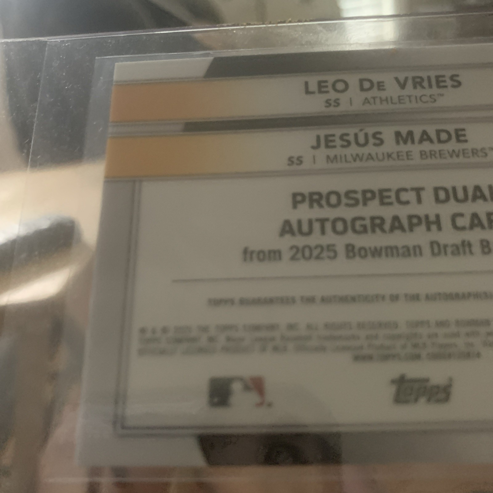 2025 Bowman Draft – Dual Autographs Leo De Vries, Jesus Made /50 has some wear
