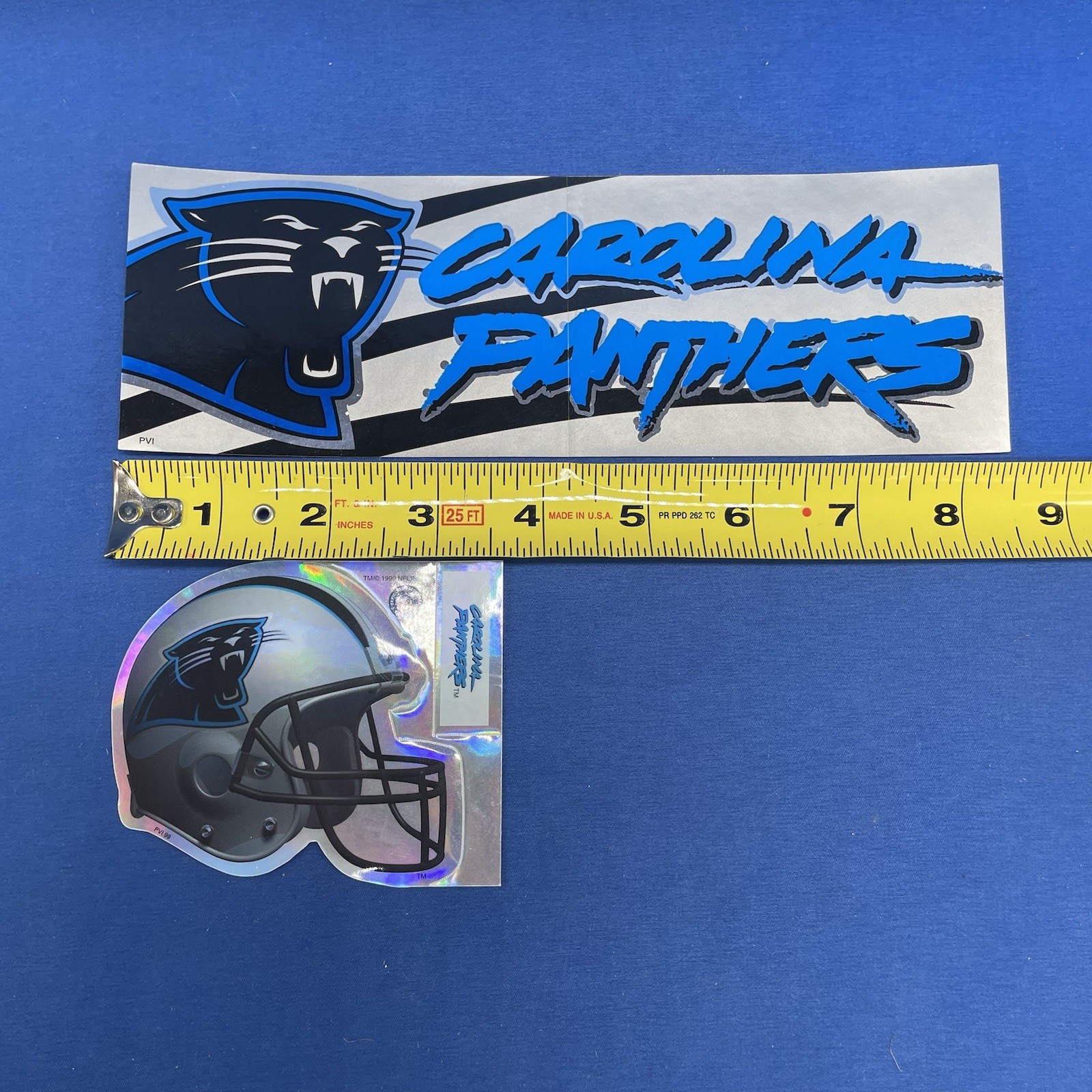Vintage Carolina Panthers Bumper Sticker Decal PAIR 8.5x3in Long 3x3in Helmet