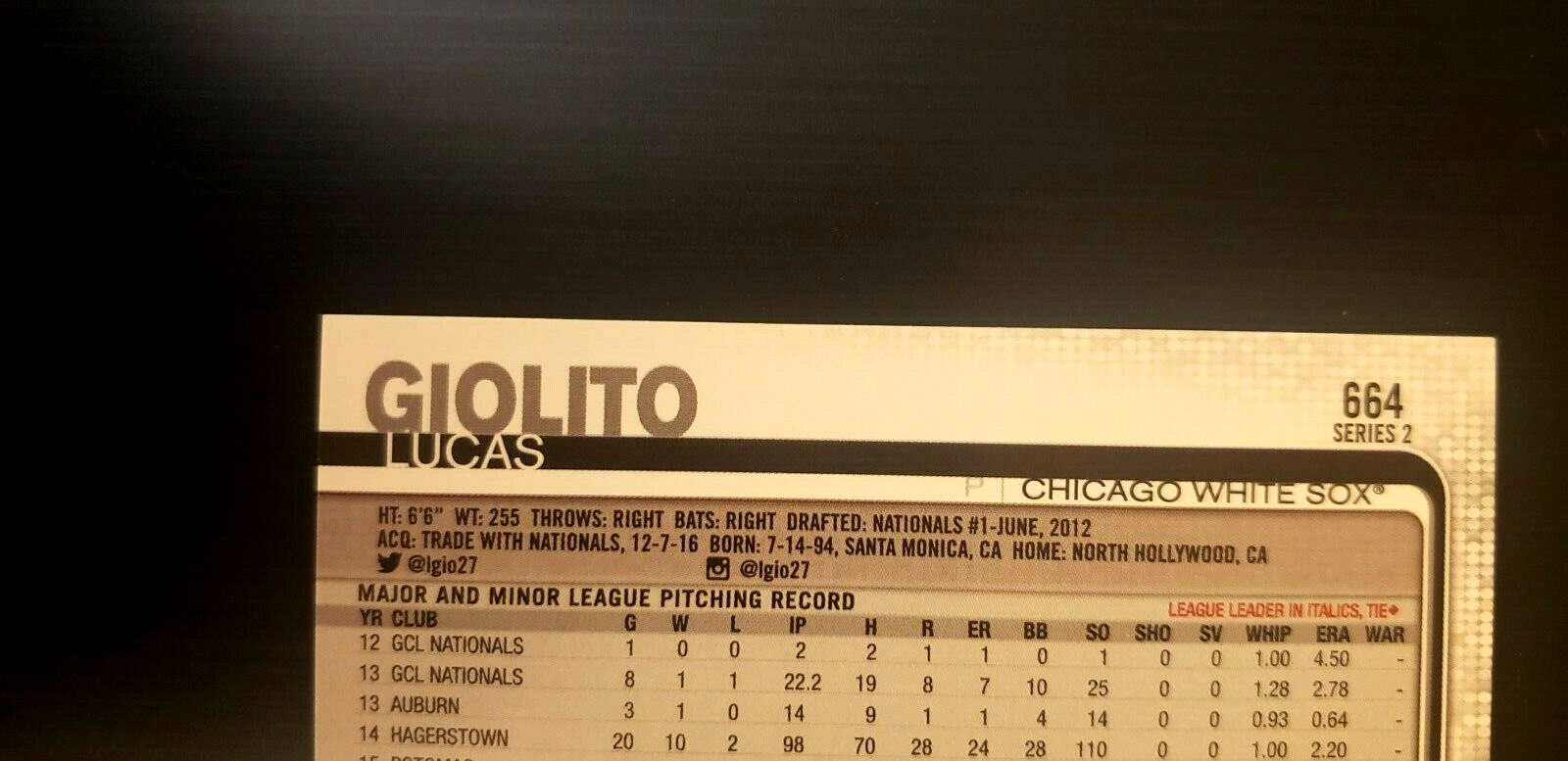 2019 TOPPS SERIES 2 – 582 Montgomery Club – Lucas Giolito – Card # 664 – II