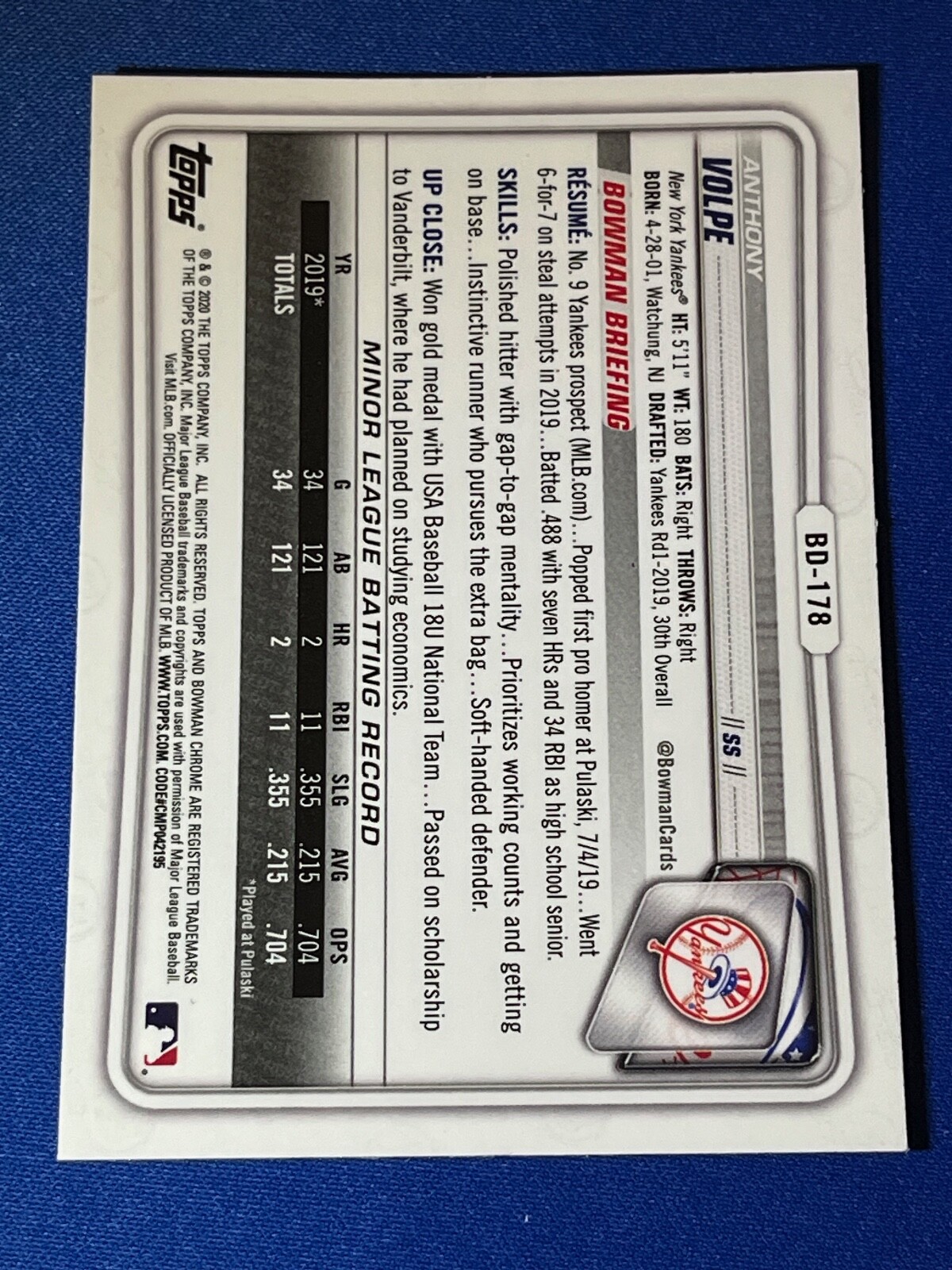 2020 Bowman Draft Chrome Anthony Volpe #BD-178 New York Yankees