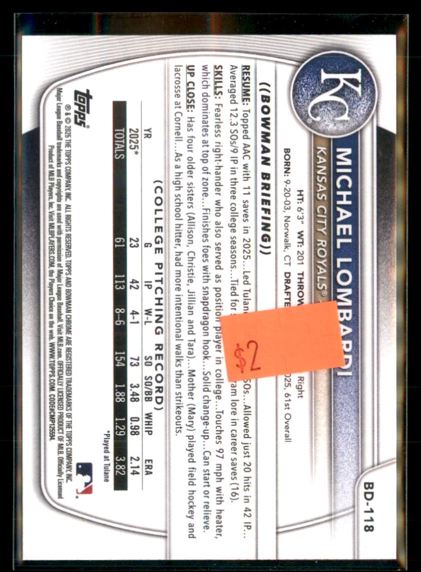 2025 Bowman Draft Paper 1st Michael Lombardi Royals BD-118 5 card lot