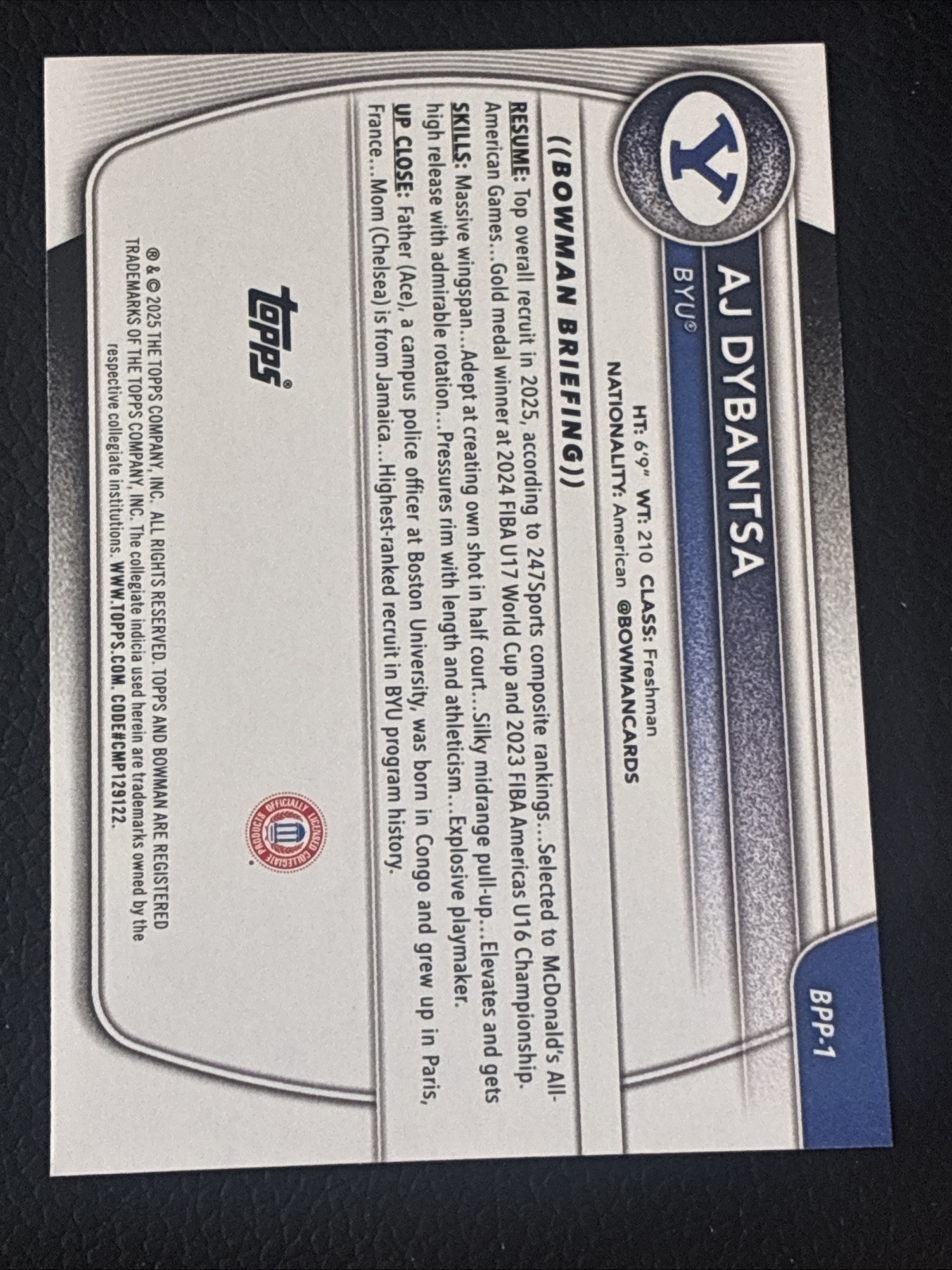 AJ Dybantsa 1st Bowman: 2025-26 Bowman Basketball Base Paper BYU #BPP-1