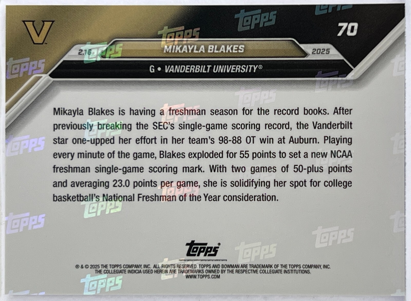 Mikayla Blakes 2024 Bowman U Now Single-Game Scoring Record #70