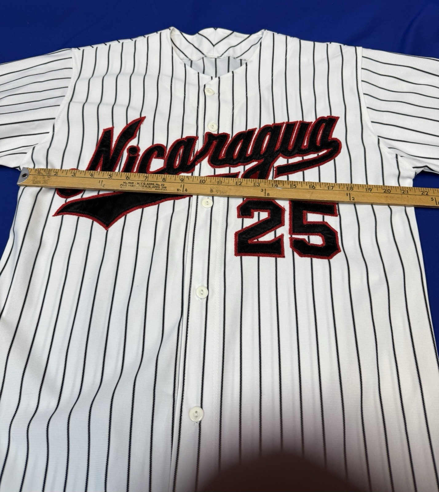 Nicaragua Baseball Jersey #25 Pinstripe White Black Red Men’s Large