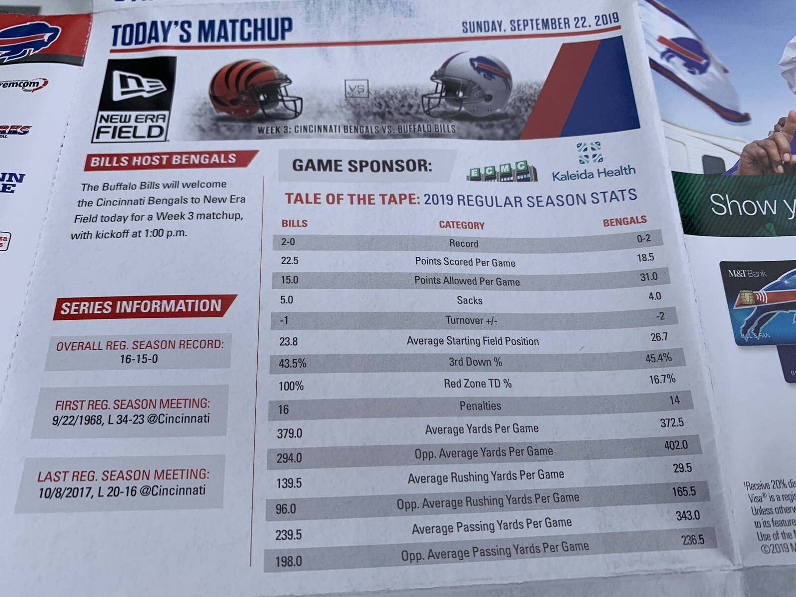 Sept 22 2019 Buffalo Bills Cincinnati Bengals Game Day Program 60 Year Towel MVP