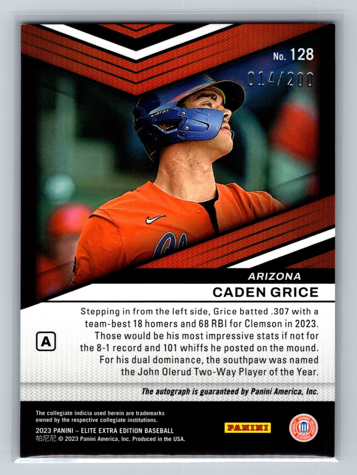 Caden Grice 2023 Panini Elite Extra Edition Prime Numbers Auto /200 #128