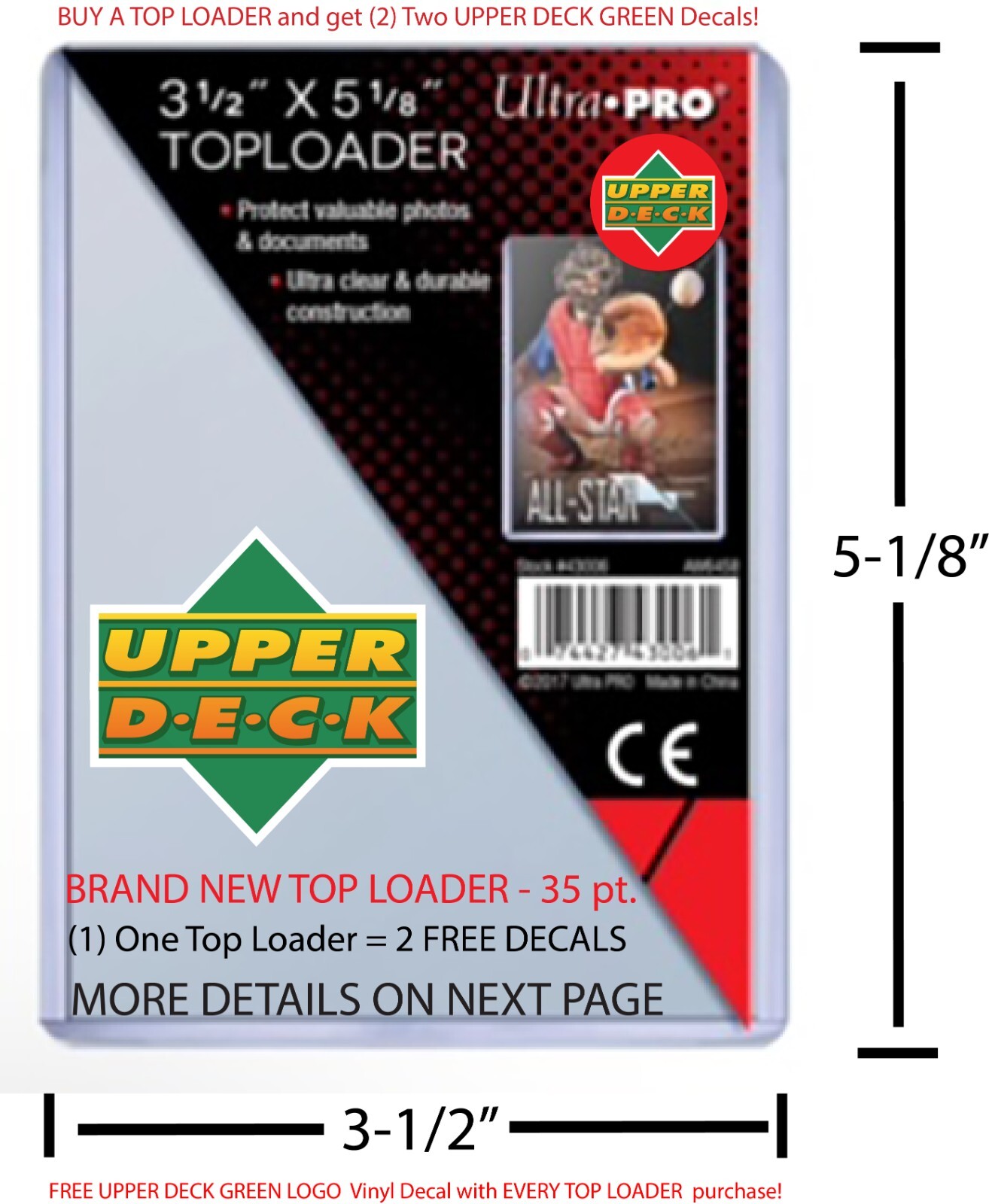 TOP LOADER 35 pt. for UPPER DECK CARDS FREE UPPER DECK DECAL GREEN OLD LOGO