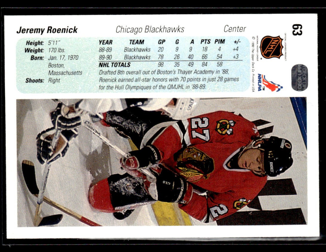 1990-91 Upper Deck #63 Jeremy Roenick Rookie Card RC