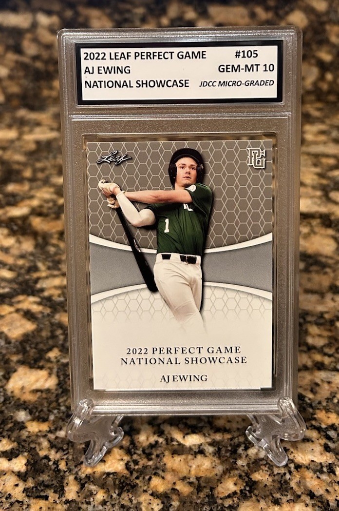 Graded GEM-MT 10 AJ EWING RC 2022 LEAF PERFECT GAME ROOKIE #105. COA!