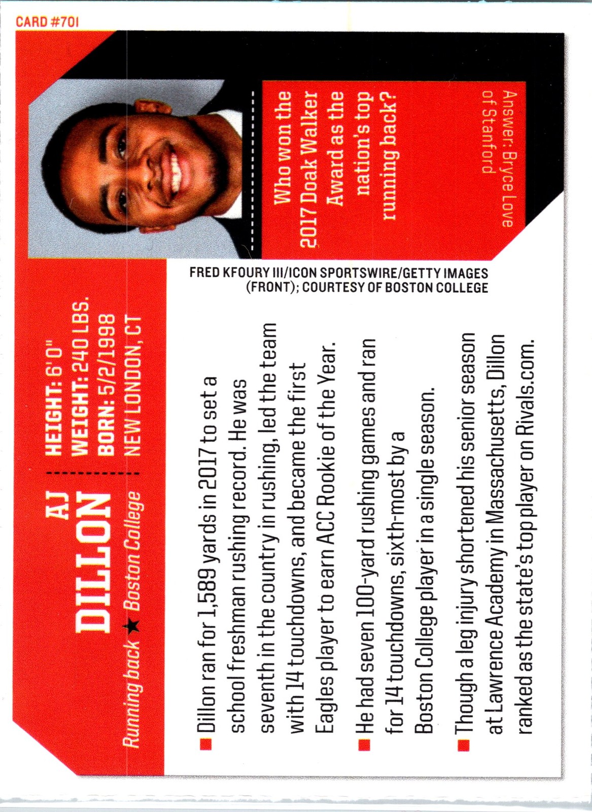 AJ Dillon – 2018 Sports Illustrated for Kids #701 Boston College Eagles