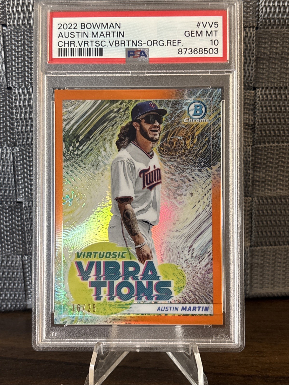 2022 Bowman Virtuosic Vibrations Austin Martin Orange Refractor /25 Pop 1 PSA 10