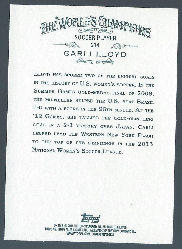 Carli Lloyd 2014 Topps Allen & Ginter #214 Soccer Card – Team USA USWNT FIFA