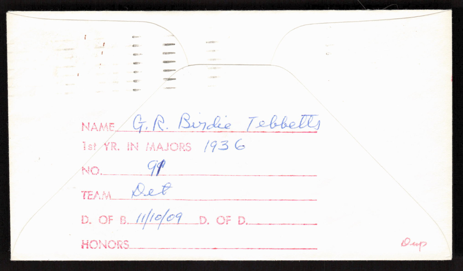 Birdie Tebbetts Signed Baseball Postal Envelope Detroit Tigers Autograph Auto