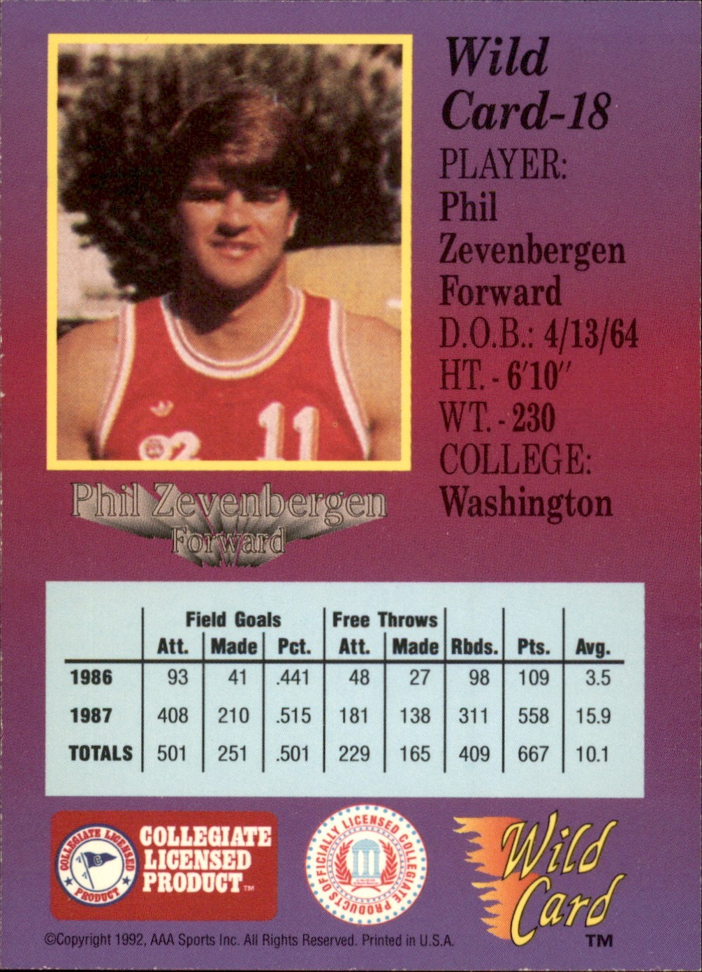 1991-92 Wild Card Phil Zevenbergen #18 AAA Sports 1st Edition