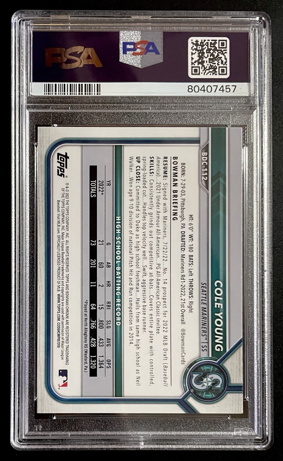 Cole Young 2022 Bowman Draft Chrome Black White Ray Wave Refractor PSA 10 BDC112
