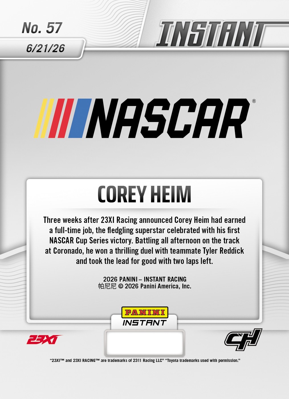 2026 Panini Instant NASCAR #57 Corey Heim 23XI Racing PRESALE