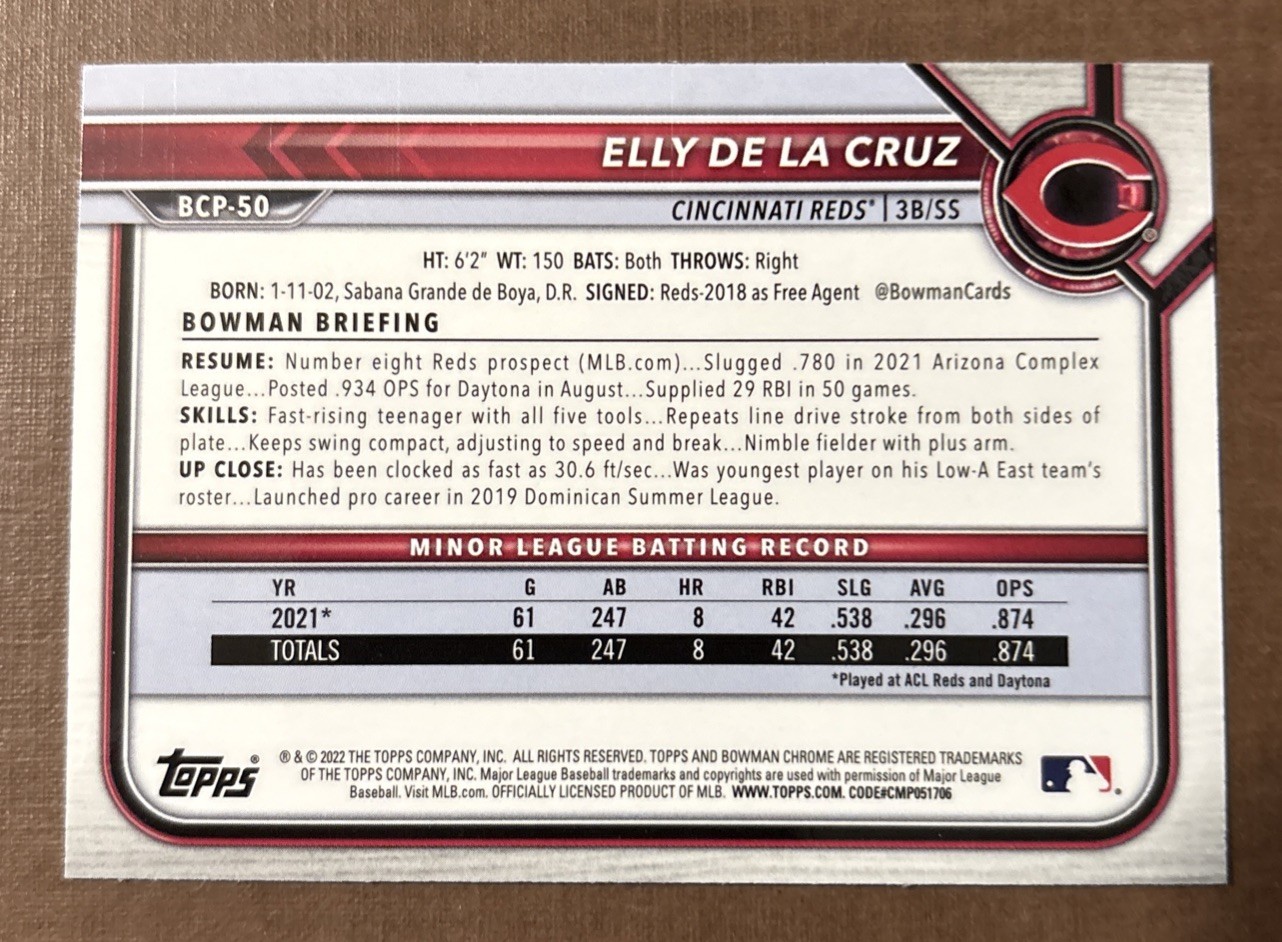 2022 Bowman Chrome Prospects Elly De La Cruz #BCP-50 1st Bowman Rookie RC Reds