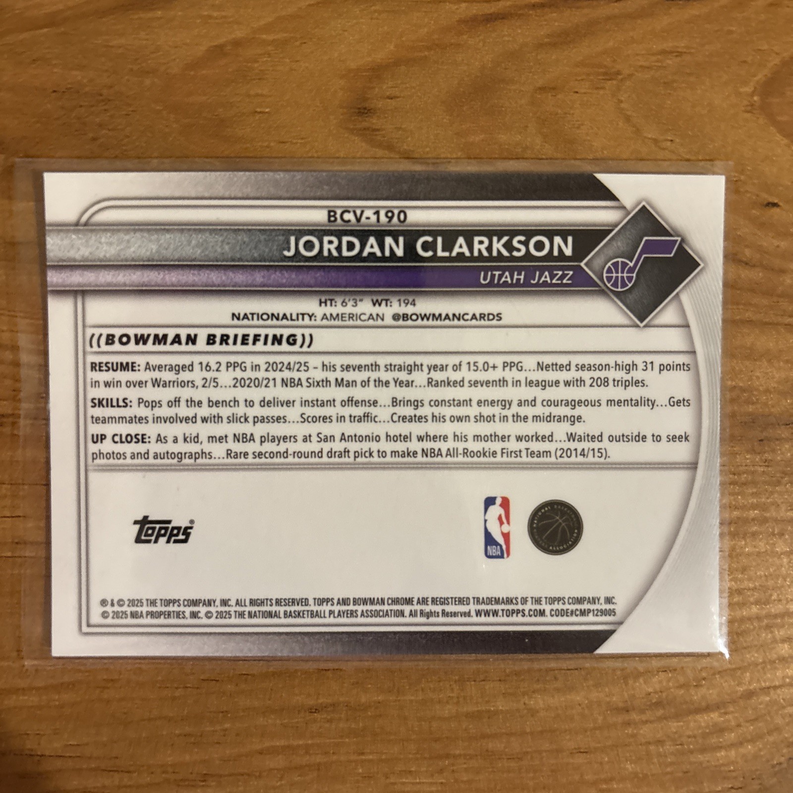 Jordan Clarkson 2025 Bowman Chrome #BCV-190 Gold Reptilian Refractor /50