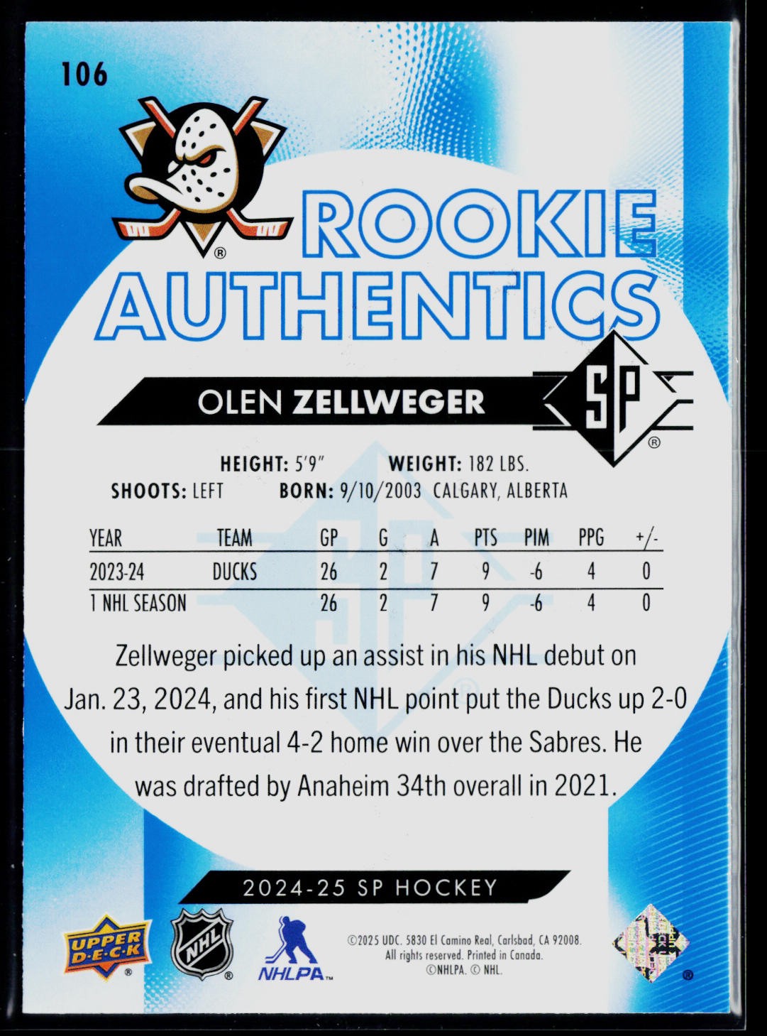 2024-25 SP #106 Olen Zellweger Blue
