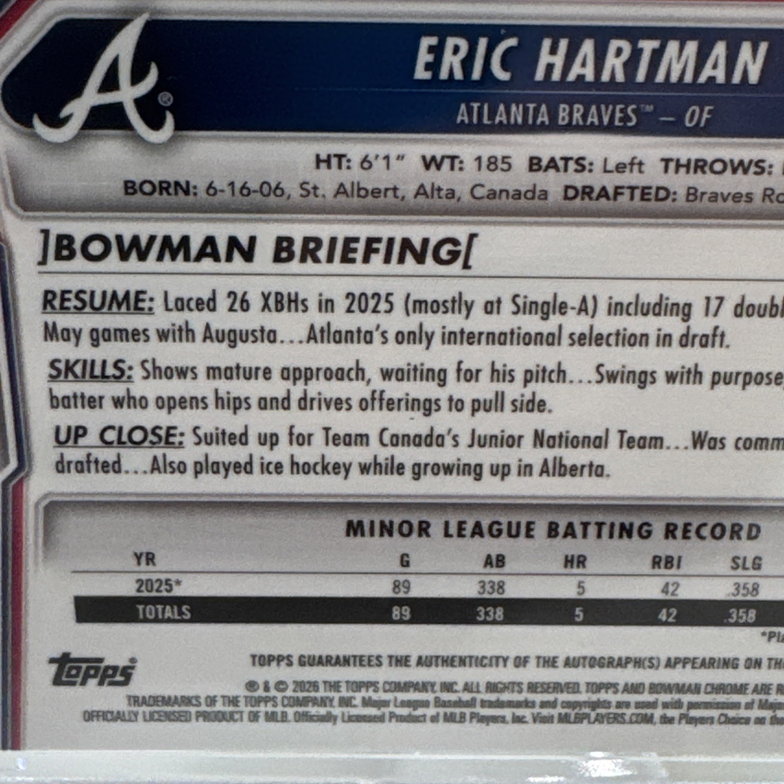 2026 Bowman Chrome Green Shimmer Autograph Eric Hartman 71/99 Braves