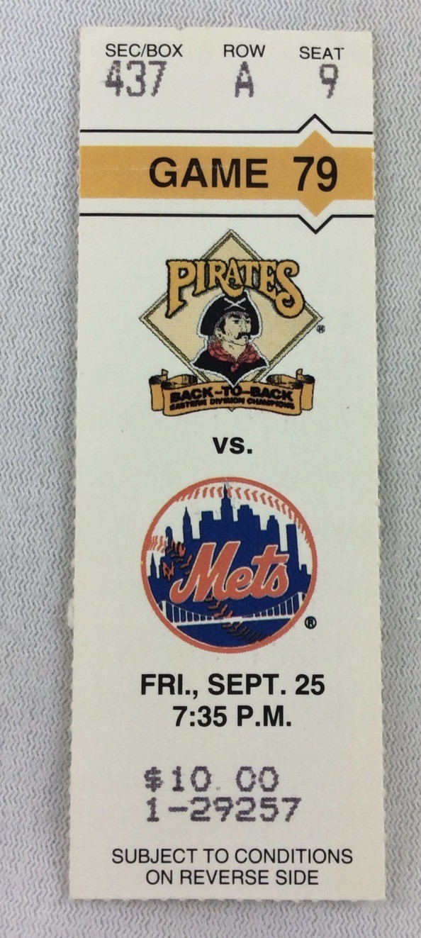 MLB 1992 09/25 New York Mets at Pittsburgh Pirates Ticket-Randy Tomlin WP