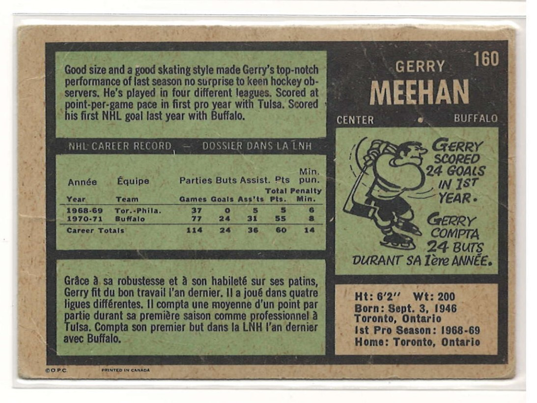 1971-72 O-PEE-CHEE OPC #160 Gerry Meehan Buffalo Sabres