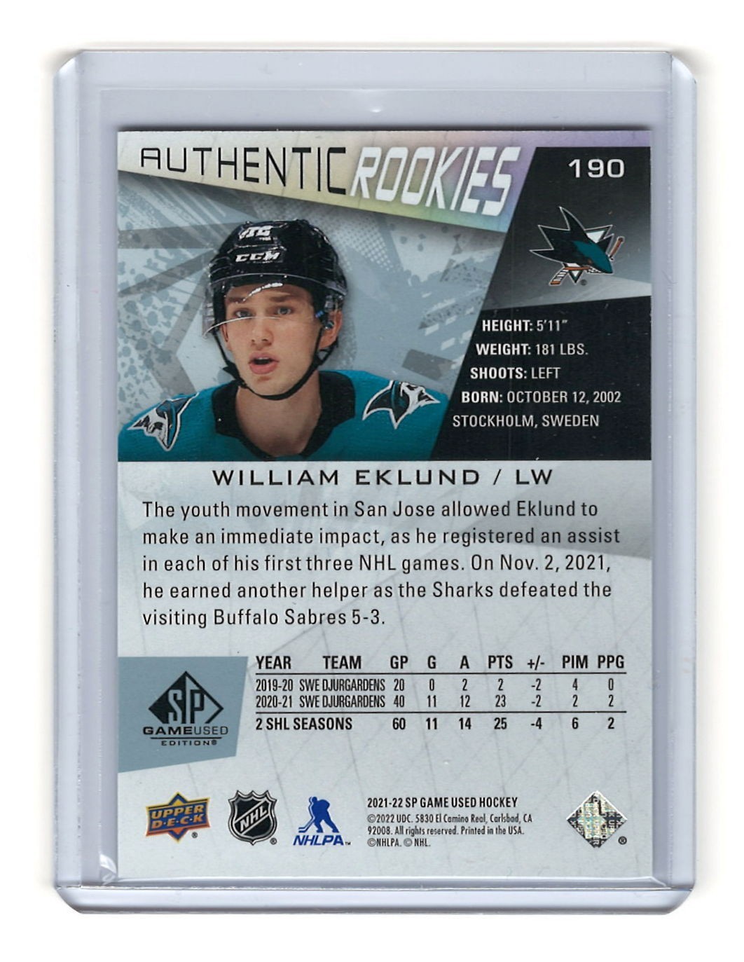2021/22 SP Game Used Authentic Rookies William Eklund True RC /72