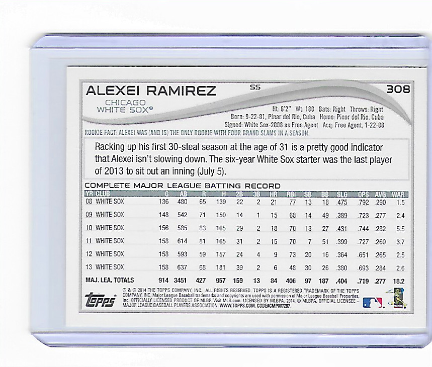 2014 TOPPS ALEXEI RAMIREZ BASE CARD – CARD #308 – CHICAGO WHITE SOX – FREE SHIP