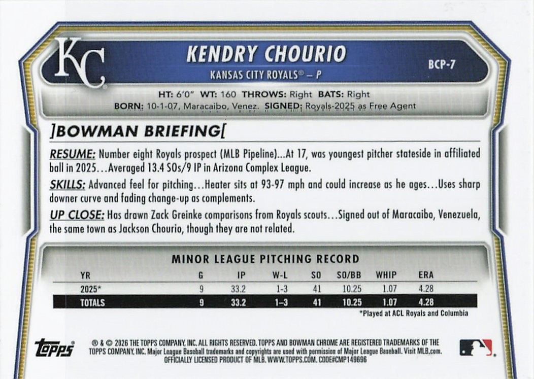 2026 Bowman #BP-7 Kendry Chourio Yellow Mojo Refactor /75