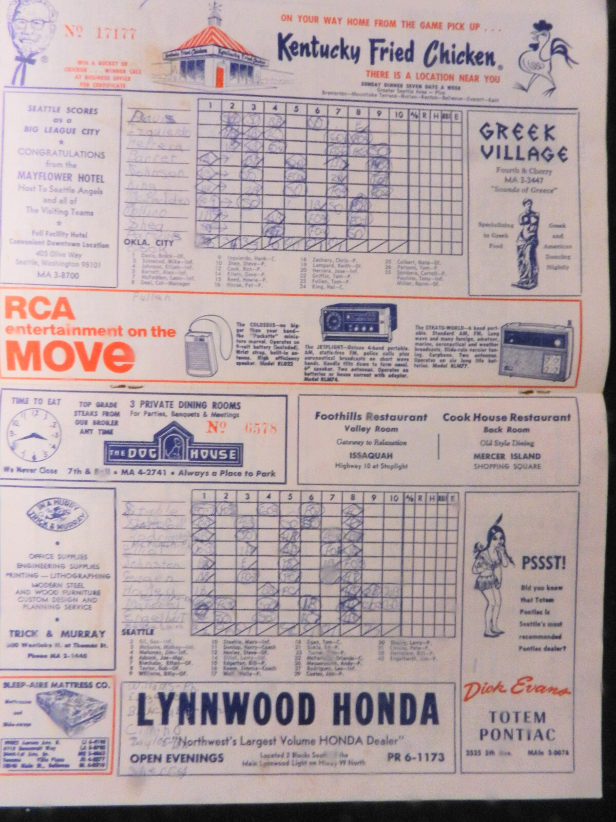 1968 Seattle Angels Baseball Program