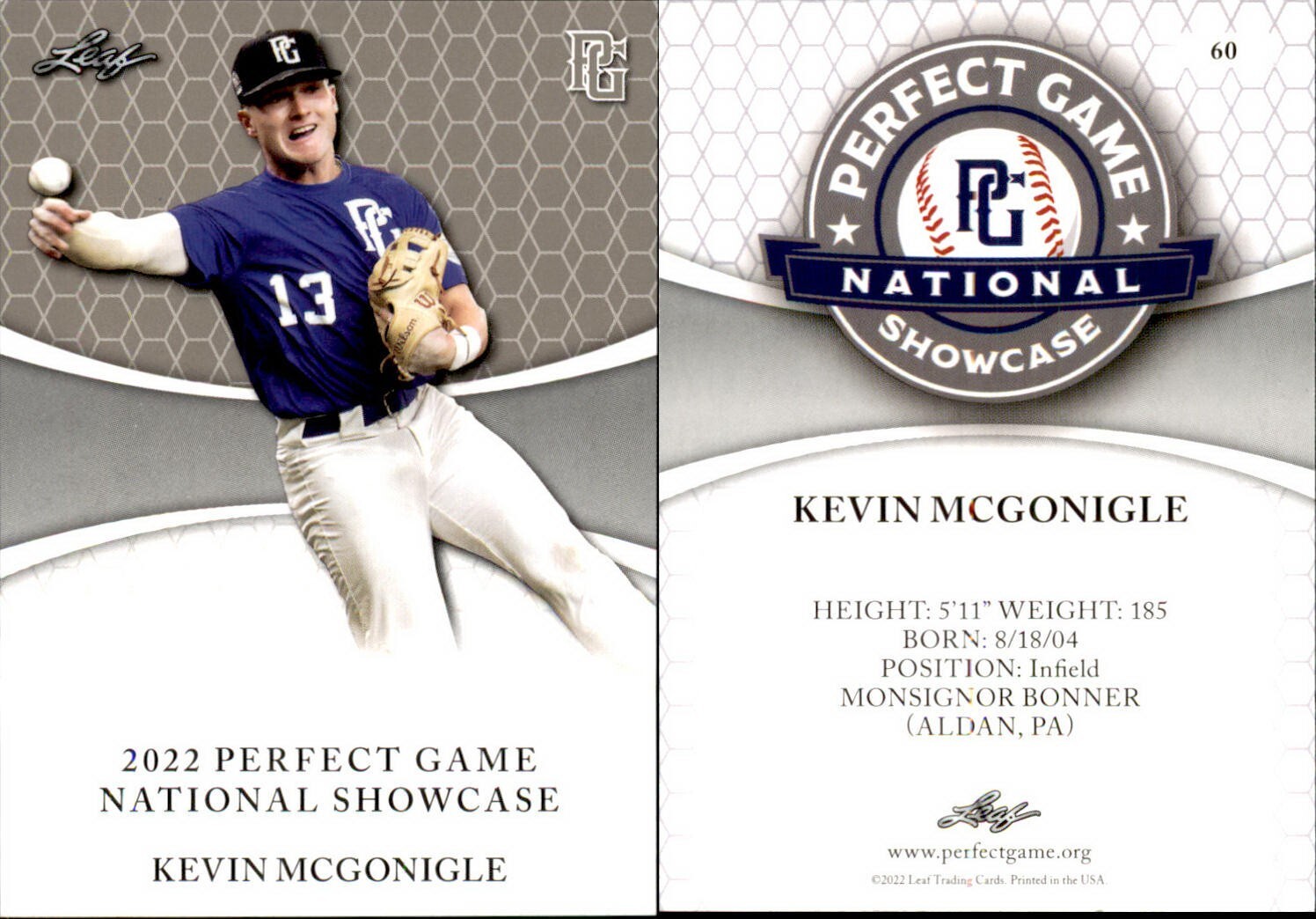 KEVIN MCGONIGLE 2022 LEAF PERFECT GAME “National Showcase” ROOKIE CARD #60