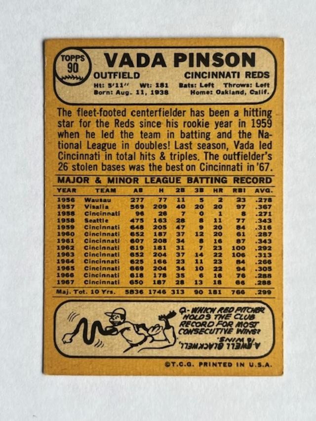 1968 Topps Set Break # 90 Vada PinsonVG SHIPS FREE IN NEW TOP LOADER