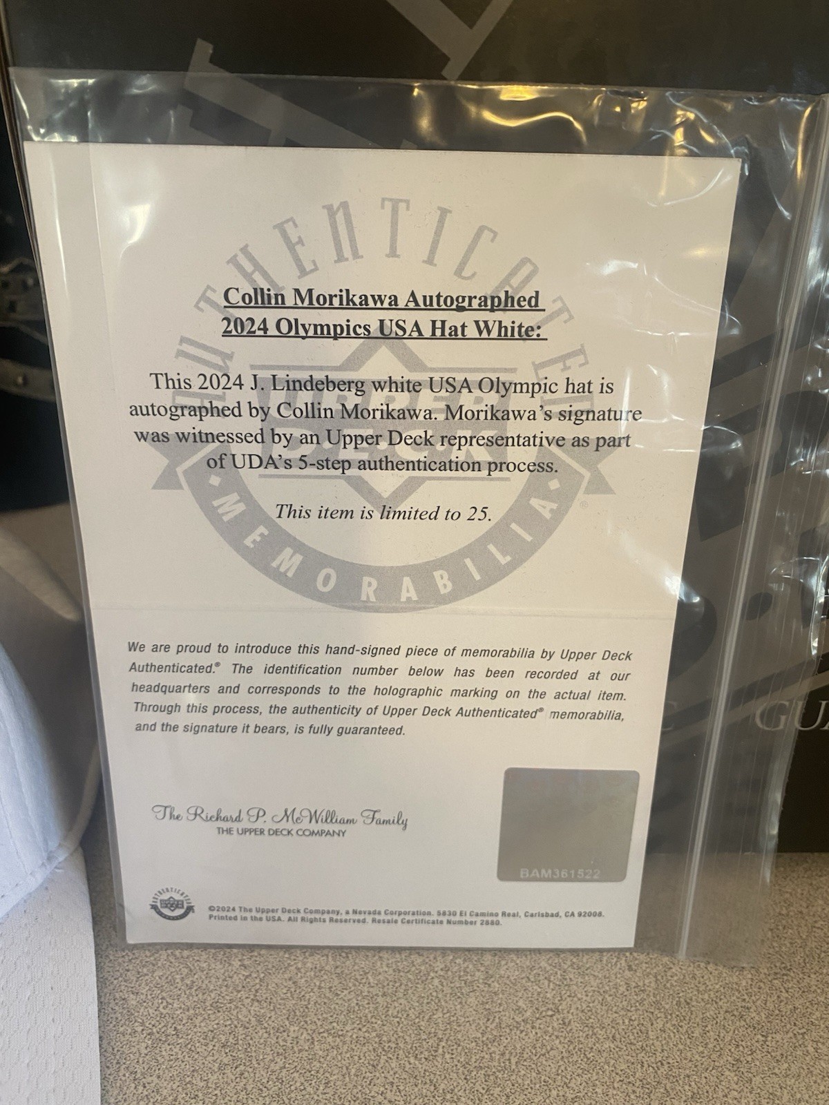 Collin Morikawa UDA Upper Deck Signed Autographed Auto White Hat USA 1/25 Box
