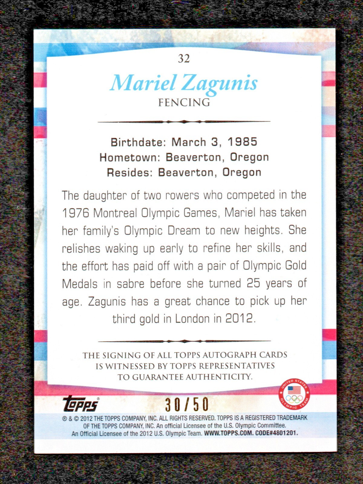 2012 Topps USA Olympic Team Autograph MARIEL ZAGUNIS Fencing #32 BRONZE 30/50