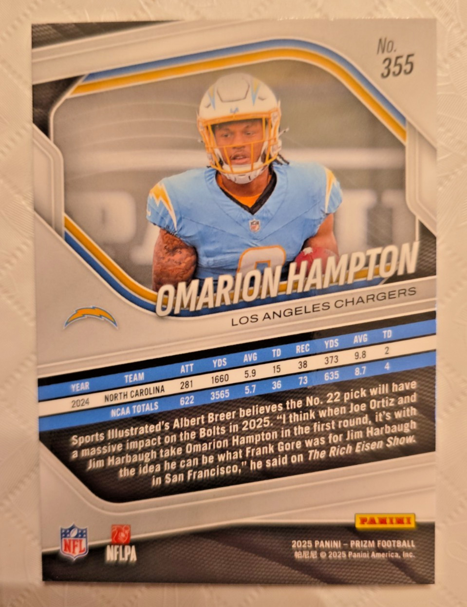 2025 Panini Prizm Omarion Hampton RC Rookie #355 Los Angeles Chargers