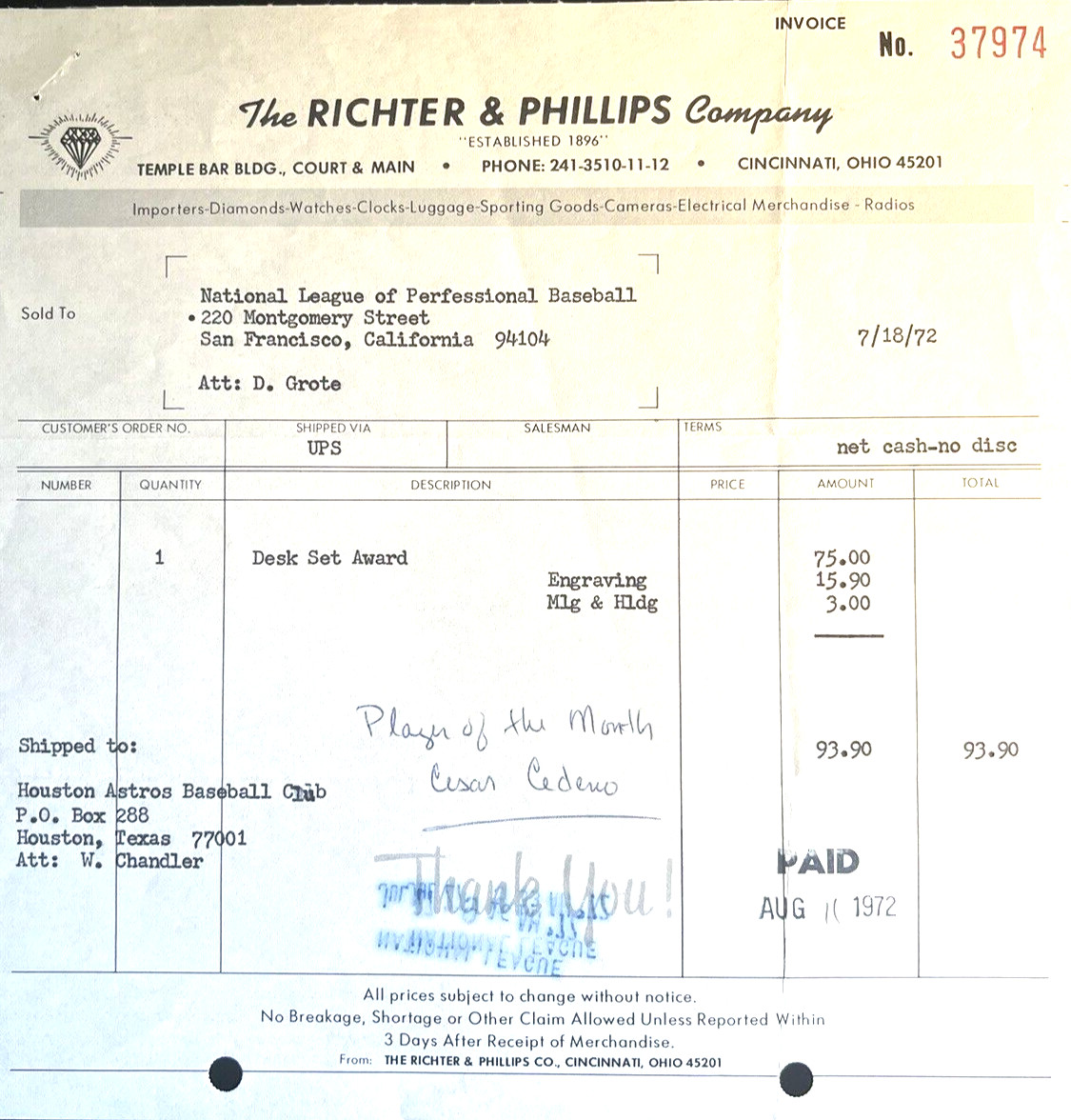 MLB ONE-OF-A-KIND NL INVOICE FOR CESAR CEDENO’S JUNE 1972 PLAYER OF MONTH AWARD!
