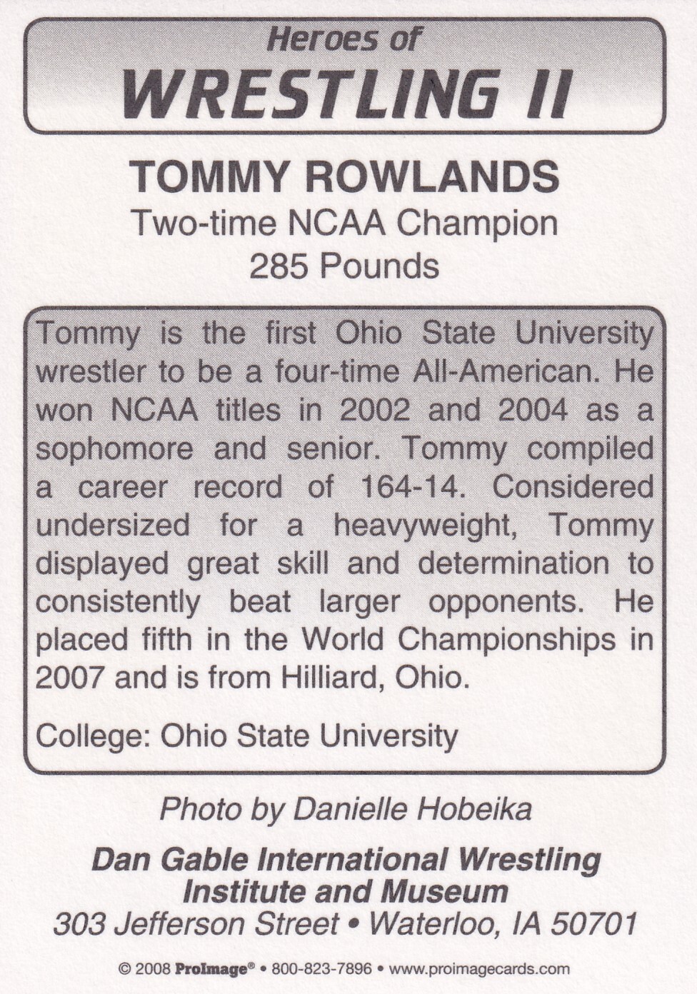 Tommy Rowlands 2008 ProImage Heroes of Wrestling Card Ohio State University USA