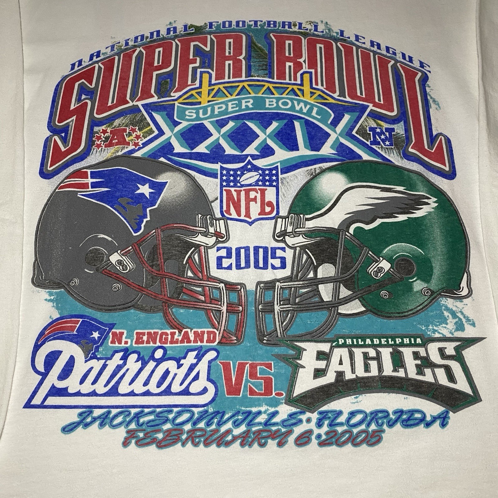 Vtg NFL Super Bowl XXXIX 39 T Shirt LG New England Patriots Philadelphia Eagles